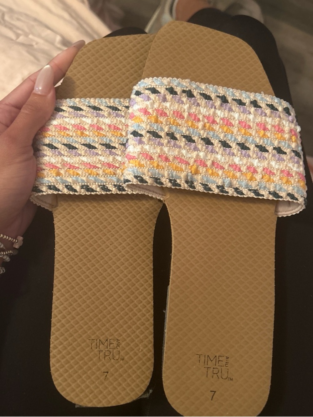 Time and Tru Tan Slide Sandals with Multicolor Braided Strap